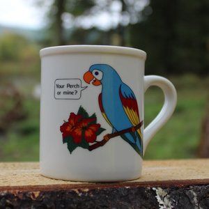 Vintage Papel Parrot Talk Macaw "your perch or mine?" Coffee Mug Tea Cup